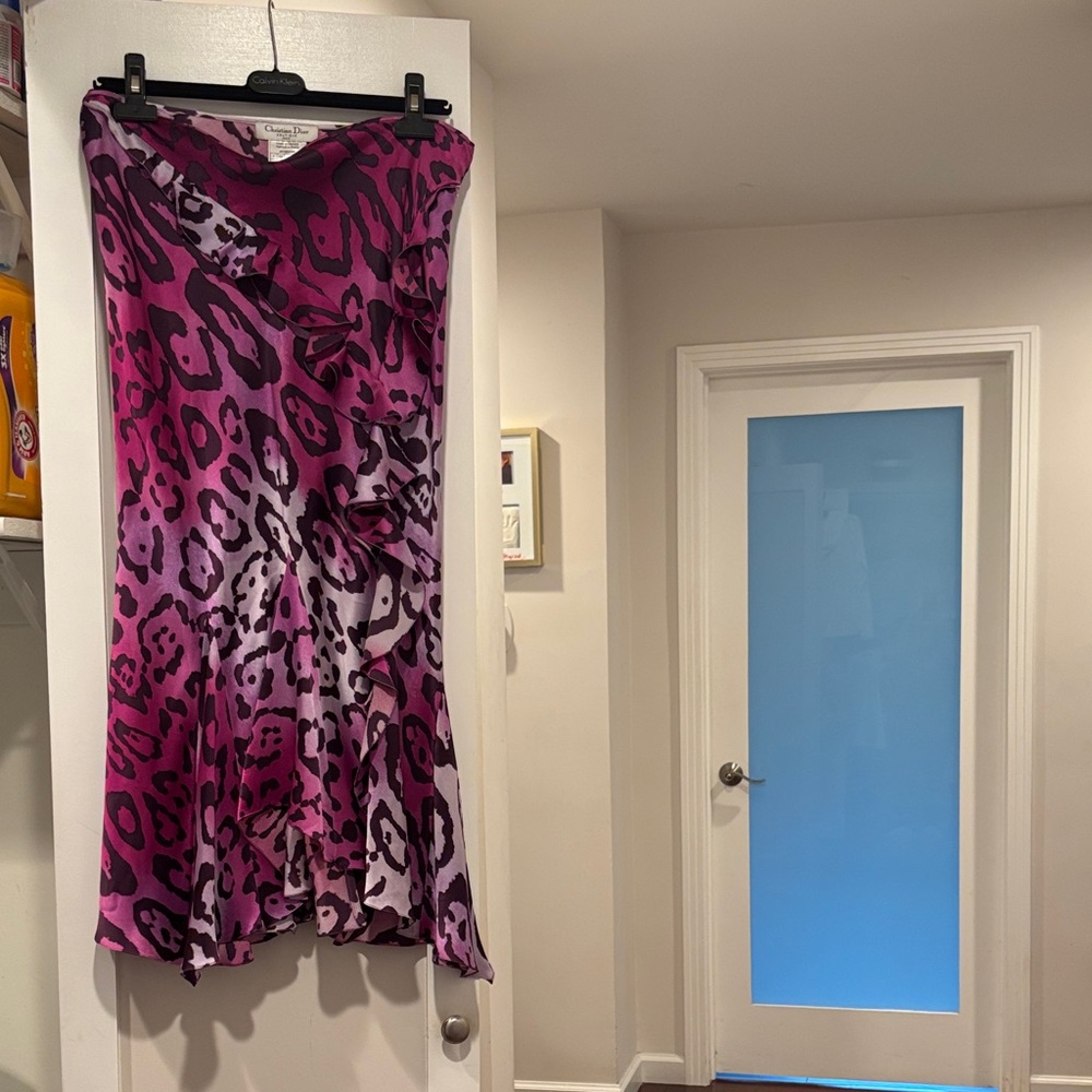 Vintage Christian Dior silk Purple Pink Animal Print Midi Skirt with ruffles